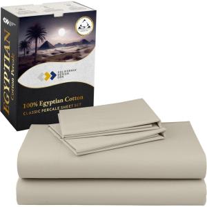 imageCalifornia Design Den Certified 100 Egyptian Cotton Full Size Sheets Set  Lightweight ampamp Crisp Percale Cotton Sheets Full with Deep Pockets Cool ampamp Durable Luxury Bedding Set  WhiteBeige