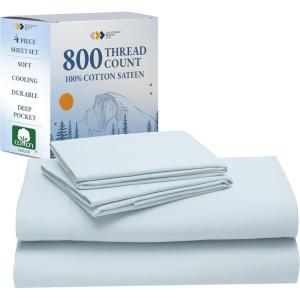 imageCalifornia Design Den Luxury 800 Thread Count 100 Cotton Sheets for Queen Size Bed  Soft SateenDeep Pockets with Anti Skid Elastic for a Snug Fit Cool ampamp Durable Bedding Set  White SheetsLight Blue