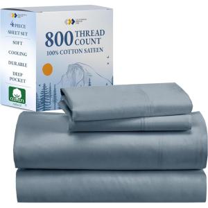 imageCalifornia Design Den Luxury 800 Thread Count 100 Cotton Sheets for Queen Size Bed  Soft SateenDeep Pockets with Anti Skid Elastic for a Snug Fit Cool ampamp Durable Bedding Set  White SheetsBlue