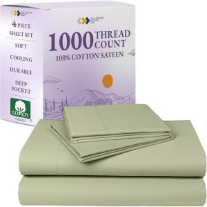 imageCalifornia Design Den Queen Sheet Set  Luxury 1000 Thread Count Sateen Thick and Natural 100 Cotton Bedsheets Deep Pockets Soft Breathable and Durable Bedding Set  WhiteSage Green