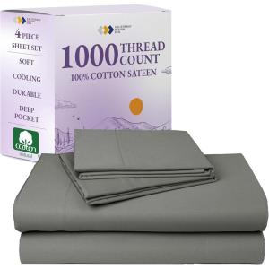 imageCalifornia Design Den Queen Sheet Set  Luxury 1000 Thread Count Sateen Thick and Natural 100 Cotton Bedsheets Deep Pockets Soft Breathable and Durable Bedding Set  WhiteGrey
