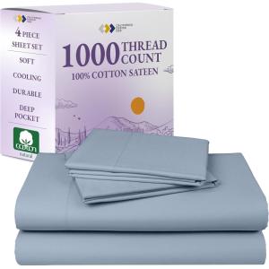 imageCalifornia Design Den Queen Sheet Set  Luxury 1000 Thread Count Sateen Thick and Natural 100 Cotton Bedsheets Deep Pockets Soft Breathable and Durable Bedding Set  WhiteBlue