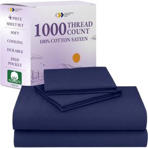 imageCalifornia Design Den Queen Sheet Set  Luxury 1000 Thread Count Sateen Thick and Natural 100 Cotton Bedsheets Deep Pockets Soft Breathable and Durable Bedding Set  WhiteNavy Blue