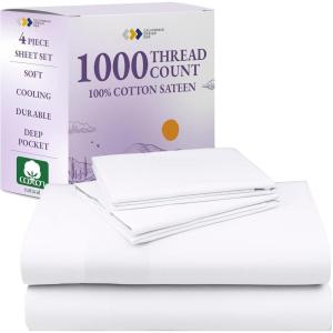 imageCalifornia Design Den Queen Sheet Set  Luxury 1000 Thread Count Sateen Thick and Natural 100 Cotton Bedsheets Deep Pockets Soft Breathable and Durable Bedding Set  WhiteBright White