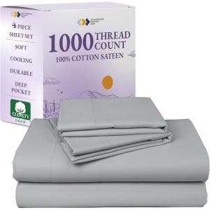 imageCalifornia Design Den Queen Sheet Set  Luxury 1000 Thread Count Sateen Thick and Natural 100 Cotton Bedsheets Deep Pockets Soft Breathable and Durable Bedding Set  WhiteLight Grey