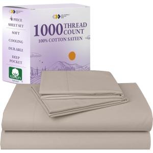 imageCalifornia Design Den Queen Sheet Set  Luxury 1000 Thread Count Sateen Thick and Natural 100 Cotton Bedsheets Deep Pockets Soft Breathable and Durable Bedding Set  WhiteBeige Sand Tone