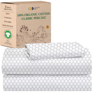 imageCalifornia Design Den Queen Sheet Set  Soft 100 Organic Cotton Sheets with Deep Pockets Crisp Percale Breathable and Durable Bedding Set  White14  Quatrefoil Grey Print