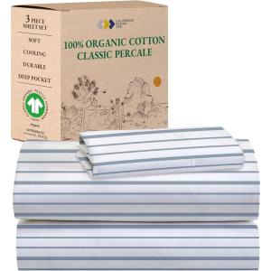 imageCalifornia Design Den Queen Sheet Set  Soft 100 Organic Cotton Sheets with Deep Pockets Crisp Percale Breathable and Durable Bedding Set  White15  Blue Stripe Print