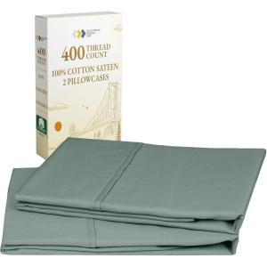 imageCalifornia Design Den Standard Queen Size Pillowcase Set  400 Thread Count 100 Cotton Sateen Set of 2 Pillow Covers Breathable Cooling Soft for Quality Sleep  Bright White18  Green Sage