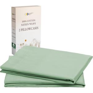 imageCalifornia Design Den Standard Queen Size Pillowcases  100 Cotton Set of 2 Soft ampamp Cooling Sateen Weave Cases Fits Queen and Standard Size Pillows  Bright White12  Frosty Green