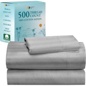 imageCalifornia Design Den  Twin XL Sheet Set Soft 100 Cotton Cooling Sheets Deep Pockets 500 Thread Count Sateen Hotel Quality Damask Stripe Bedding for Home Twin XL Sheets Light Grey  Striped06  Light Grey Striped
