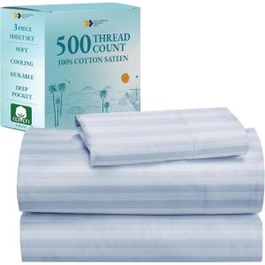 imageCalifornia Design Den  Twin XL Sheet Set Soft 100 Cotton Cooling Sheets Deep Pockets 500 Thread Count Sateen Hotel Quality Damask Stripe Bedding for Home Twin XL Sheets Light Grey  Striped10  Light Blue Striped