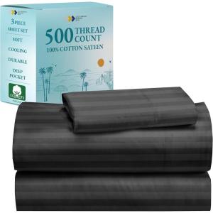 imageCalifornia Design Den  Twin XL Sheet Set Soft 100 Cotton Cooling Sheets Deep Pockets 500 Thread Count Sateen Hotel Quality Damask Stripe Bedding for Home Twin XL Sheets Light Grey  Striped08  Grey Striped