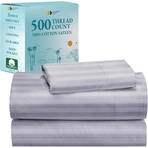 imageCalifornia Design Den  Twin XL Sheet Set Soft 100 Cotton Cooling Sheets Deep Pockets 500 Thread Count Sateen Hotel Quality Damask Stripe Bedding for Home Twin XL Sheets Light Grey  Striped13  Lavender Striped