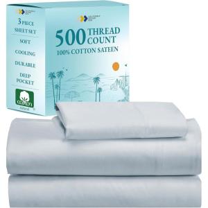 imageCalifornia Design Den  Twin XL Sheet Set Soft 100 Cotton Cooling Sheets Deep Pockets 500 Thread Count Sateen Hotel Quality Damask Stripe Bedding for Home Twin XL Sheets Light Grey  Striped09  Light Blue