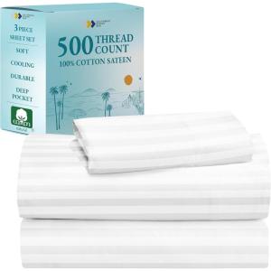 imageCalifornia Design Den  Twin XL Sheet Set Soft 100 Cotton Cooling Sheets Deep Pockets 500 Thread Count Sateen Hotel Quality Damask Stripe Bedding for Home Twin XL Sheets Light Grey  Striped02  White Striped
