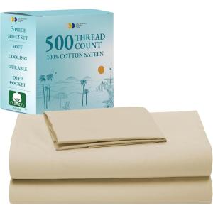 imageCalifornia Design Den  Twin XL Sheet Set Soft 100 Cotton Cooling Sheets Deep Pockets 500 Thread Count Sateen Hotel Quality Damask Stripe Bedding for Home Twin XL Sheets Light Grey  Striped16  Beige