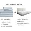 image7 Piece Split King Sheet Set Size Sheet Set Light Blue and Waterproof Mattress Protector White Bundle  500 Thread Count 100 Cotton Sateen 5 Piece Sheet Set with 2 Mattress Protectors