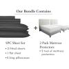 image7 Piece Split King Size Striped Sheet Set Grey and Waterproof Mattress Protector White Bundle  500 Thread Count 100 Cotton Sateen 5 Piece Sheet Set with 2 Mattress Protectors