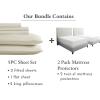 image7 Piece Split King Size Striped Sheet Set Ivory and Waterproof Mattress Protector White Bundle  500 Thread Count 100 Cotton Sateen 5 Piece Sheet Set with 2 Mattress Protectors
