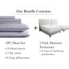 image7 Piece Split King Size Striped Sheet Set Lavender and Waterproof Mattress Protector White Bundle  500 Thread Count 100 Cotton Sateen 5 Piece Sheet Set with 2 Mattress Protectors