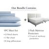 image7 Piece Split King Size Striped Sheet Set Light Blue and Waterproof Mattress Protector White Bundle  500 Thread Count 100 Cotton Sateen 5 Piece Sheet Set with 2 Mattress Protectors