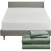 imageCalifornia Design Den 5 Piece Queen Size Sheet Set Sage Green  Dark and Waterproof Mattress Protector White Bundle  Soft 100 Cotton Sateen 4 Piece Sheet Set with 1 Mattress Protector