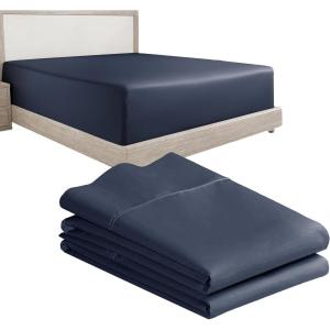 image3Piece Bundle  Fitted Sheet with 2 Pillowcases 400 Thread Count 100 Cotton Sateen Deep Pockets Cal King Size Indigo Dusty Blue