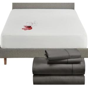 image5 Piece California King Size Sheet Set Grey and Waterproof Mattress Protector White Bundle  400 Thread Count 100 Cotton Sateen 4 Piece Sheet Set with 1 Mattress Protector