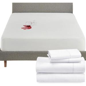 image5 Piece California King Size Sheet Set and Waterproof Mattress Protector Bundle  400 Thread Count 100 Cotton Sateen 4 Piece Sheet Set with 1 Mattress Protector White