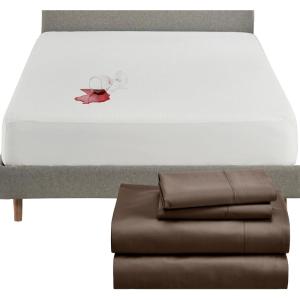 image5 Piece Full Size Sheet Set Warm Chocolate Brown and Waterproof Mattress Protector White Bundle  400 Thread Count 100 Cotton Sateen 4 Piece Sheet Set with 1 Mattress Protector
