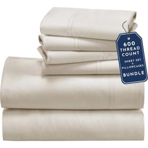 image6 Piece California King Size Sheet Set with 4 Pillowcases 600 Thread Count 100 Cotton Sateen Creamy Beige