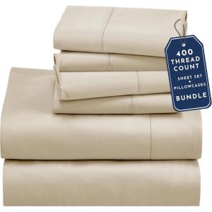 image6 Piece Full Size Sheet Set with 4 Pillowcases 400 Thread Count 100 Cotton Sateen Golden Beige