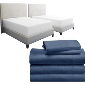 image7 Piece Split King Sheet Set Size Sheet Set Navy Blue and Waterproof Mattress Protector White Bundle  500 Thread Count 100 Cotton Sateen 5 Piece Sheet Set with 2 Mattress Protectors