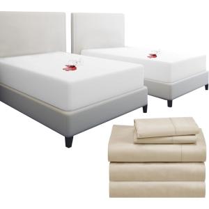 image7 Piece Split King Size Sheet Set Golden Beige and Waterproof Mattress Protector White Bundle  400 Thread Count 100 Cotton Sateen 5 Piece Sheet Set with 1 Mattress Protector