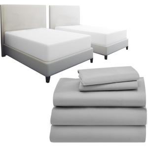 image7 Piece Split King Size Sheet Set Light Grey and Waterproof Mattress Protector White Bundle  600 Thread Count 100 Cotton Sateen 5 Piece Sheet Set with 1 Mattress Protector