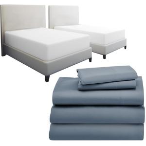image7 Piece Split King Size Sheet Set Pastel Blue and Waterproof Mattress Protector White Bundle  600 Thread Count 100 Cotton Sateen 5 Piece Sheet Set with 1 Mattress Protector