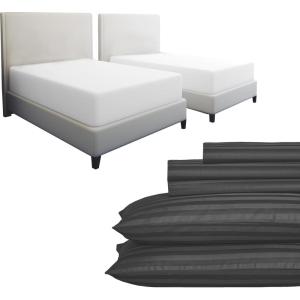 image7 Piece Split King Size Striped Sheet Set Grey and Waterproof Mattress Protector White Bundle  500 Thread Count 100 Cotton Sateen 5 Piece Sheet Set with 2 Mattress Protectors