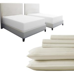 image7 Piece Split King Size Striped Sheet Set Ivory and Waterproof Mattress Protector White Bundle  500 Thread Count 100 Cotton Sateen 5 Piece Sheet Set with 2 Mattress Protectors