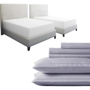 image7 Piece Split King Size Striped Sheet Set Lavender and Waterproof Mattress Protector White Bundle  500 Thread Count 100 Cotton Sateen 5 Piece Sheet Set with 2 Mattress Protectors