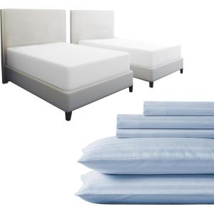 image7 Piece Split King Size Striped Sheet Set Light Blue and Waterproof Mattress Protector White Bundle  500 Thread Count 100 Cotton Sateen 5 Piece Sheet Set with 2 Mattress Protectors