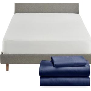 imageCalifornia Design Den 4 Piece Twin Size Sheet Set Navy Blue and Waterproof Mattress Protector White Bundle  Soft 100 Cotton Sateen 3 Piece Sheet Set with 1 Mattress Protector