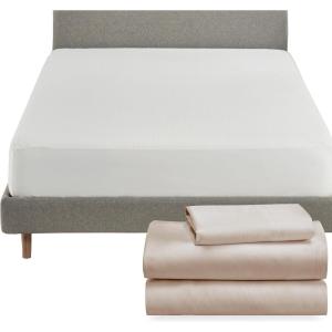 imageCalifornia Design Den 4 Piece Twin Size Sheet Set Warm Taupe and Waterproof Mattress Protector White Bundle  Soft 100 Cotton Sateen 3 Piece Sheet Set with 1 Mattress Protector