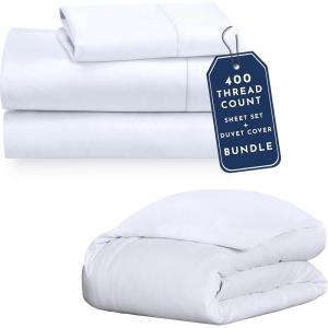 imageCalifornia Design Den 4Piece Twin XL Size Dorm Bedding Bundle  1 Sheet Set ampamp 1 Duvet Cover  400 Thread Count  100 Cotton Sateen  White