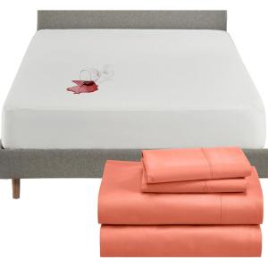 imageCalifornia Design Den 5 Piece Full Size Sheet Set Bright Salmon and Waterproof Mattress Protector White Bundle  400 Thread Count 100 Cotton Sateen 4 Piece Sheet Set with 1 Mattress Protector