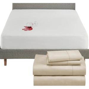 imageCalifornia Design Den 5 Piece Full Size Sheet Set Golden Beige and Waterproof Mattress Protector White Bundle  400 Thread Count 100 Cotton Sateen 4 Piece Sheet Set with 1 Mattress Protector