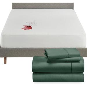 imageCalifornia Design Den 5 Piece Full Size Sheet Set Hunter Green and Waterproof Mattress Protector White Bundle  400 Thread Count 100 Cotton Sateen 4 Piece Sheet Set with 1 Mattress Protector