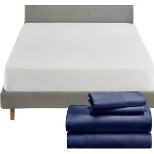 imageCalifornia Design Den 5 Piece Full Size Sheet Set Navy Blue and Waterproof Mattress Protector White Bundle  Soft 100 Cotton Sateen 4 Piece Sheet Set with 1 Mattress Protector