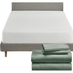 imageCalifornia Design Den 5 Piece Full Size Sheet Set Sage Green  Dark and Waterproof Mattress Protector White Bundle  Soft 100 Cotton Sateen 4 Piece Sheet Set with 1 Mattress Protector