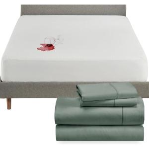 imageCalifornia Design Den 5 Piece Full Size Sheet Set Sage Green and Waterproof Mattress Protector White Bundle  400 Thread Count 100 Cotton Sateen 4 Piece Sheet Set with 1 Mattress Protector